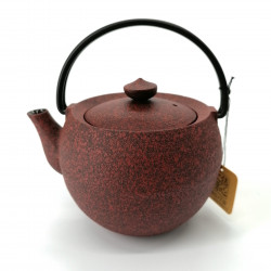 Small round Japanese prestige cast iron teapot, CHÛSHIN KÔBÔ MARUTAMA, red
