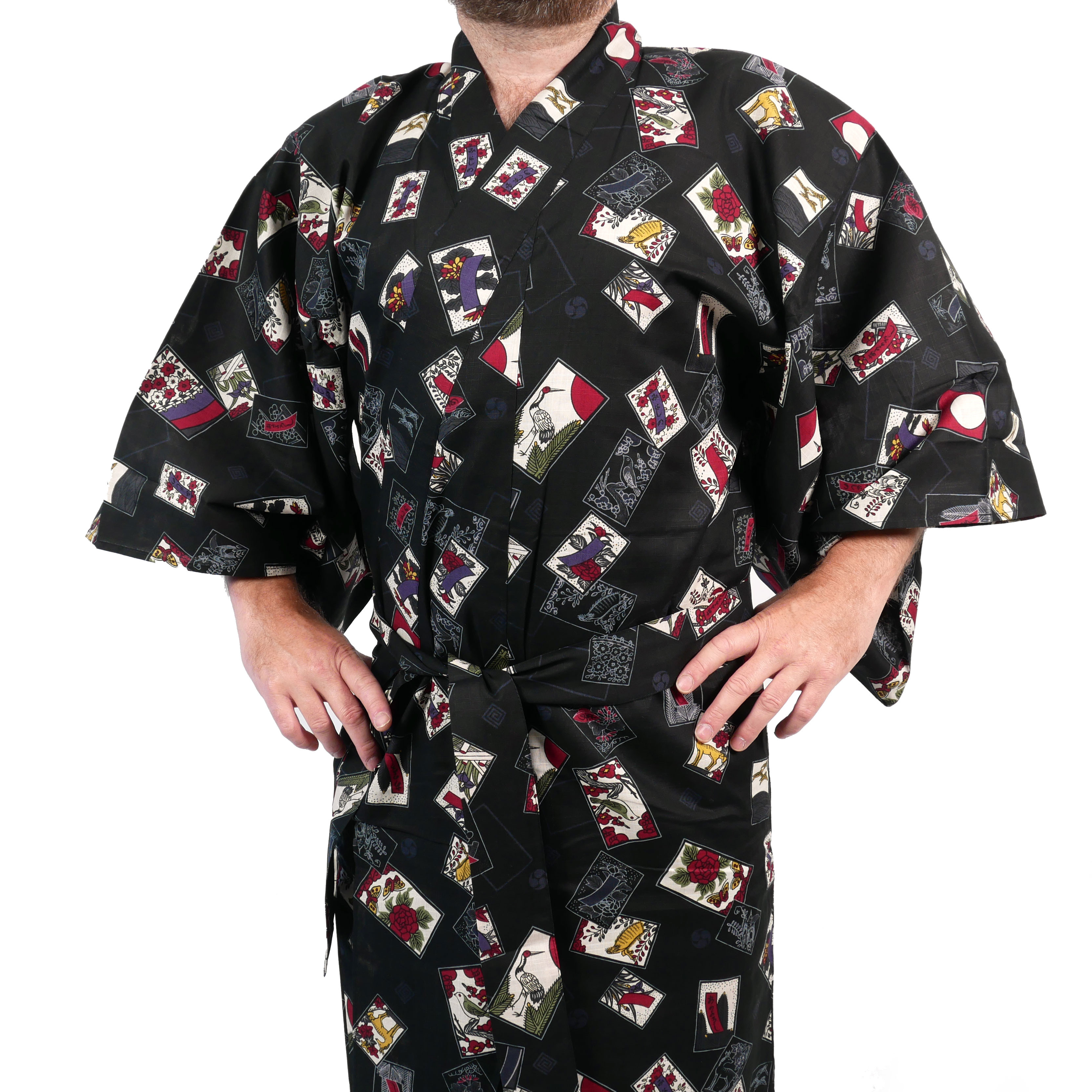 Yukata giapponese nero con motivi di carte hanafuda in cotone per uomo -  HANAFUDA