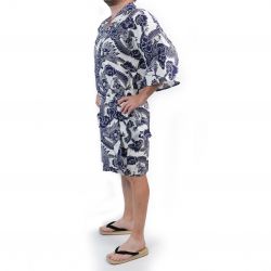 Happi kimono japonés de algodón con estampado de dragón azul y blanco para  hombre - RYU NO