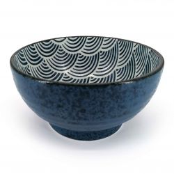 Japanese ramen bowl in blue ceramic, interior patterns - SEIGAIHA
