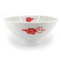 Japanese ceramic ramen bowl, white with red clouds - AKAI KUMO