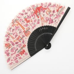 Japanese rose fan in polyester and cotton, NIHONMEGURI, red
