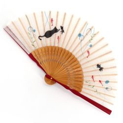 Japanese red and beige fan in cotton and bamboo with cat and fish pattern - NEKO TO KINGYO - 20.5cm
