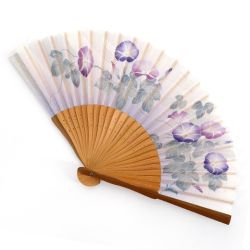 Japanese purple cotton and bamboo fan with morning face flowers pattern - ASAGAO - 20.5cm