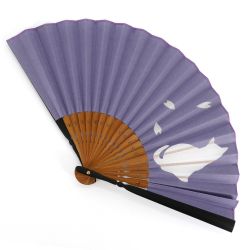Japanese purple fan in polyester and bamboo with cat motif and cherry blossom petals - NEKO SAKURA - 20.5cm