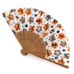 Japanese orange polyester and bamboo fan with cats pattern - GOROGORO - 21cm