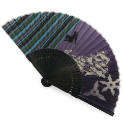 Japanese purple polyester and bamboo fan with ninja and castle motif - SHIRO NINJA - 21cm