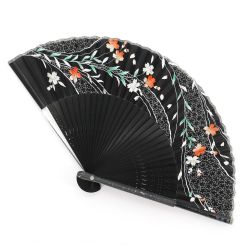 Japanese black fan in plastic silk and bamboo with cherry blossom pattern - SAKURA - 19.5cm