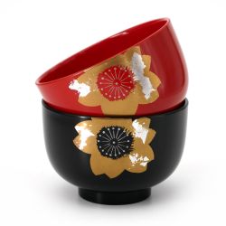 Japanese black and red resin bowl duo with flower motif packed in a furoshiki - KIZUNA - 11x7.2cm