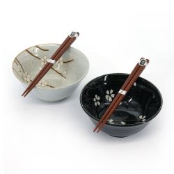 Set of 2 Japanese ceramic bowls beige and black - white petals - SAKURA