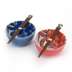 Set of 2 blue and red japanese ceramic bowls - crabs design - KANI