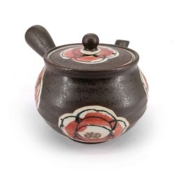 Japanese kyusu ceramic teapot with filter and enamelled interior, black, large flowers - OKINA HANA