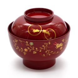 Japanese red bowl with rabbit and arabesque pattern resin cover - USAGI KARAKUSA - 13.5x11cm