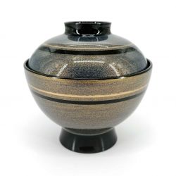 Japanese miso soup bowl in lacquered effect resin, with lid, gray black and gold - GORUDEN