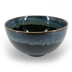 Japanese ceramic donburi bowl, black, green / blue infused paint - CHUNYU