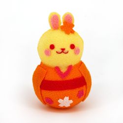 Orange okiagari usagi kimono doll in chirimen fabric - OKIAGARI USAGI - 5 cm