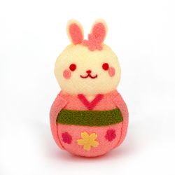 Pink okiagari usagi kimono doll in chirimen fabric - OKIAGARI USAGI - 5 cm