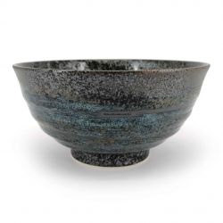 Bol japonais donburi en céramique noir et reflets bleus marrons - HANTEN - 17cm