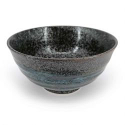 Bol japonais donburi en céramique noir et reflets bleus marrons - HANTEN - 17cm