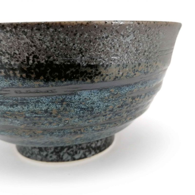 Japanese ceramic donburi bowl, black, brown blue reflections - HANTEN