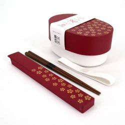 Japanese oval bento lunch box, UMEMON, red + chopsticks