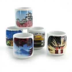 set of 5 traditional Japanese sake cups, FOTO NIHON FÛKEI, scenery