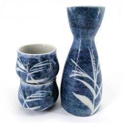 Ceramic sake service, bottle and 2 cups, blue and white - TAKE