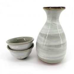Ceramic sake service, bottle and 2 cups, crackle enamel gray - WARETA
