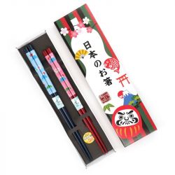 Japanese red blue chopsticks set in wood TOMUSONBAKO SHICHI FUKUDARUMA