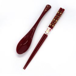 Pair of red Japanese wooden chopsticks with crane and turtle pattern and the matching resin spoon - TSURUKAME - 22.5 and 19.5 cm