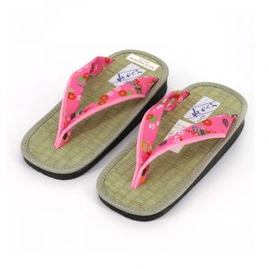 Japanese sandals zori pink flower pattern in rice straw Goza for women - GOZA - 24-25cm