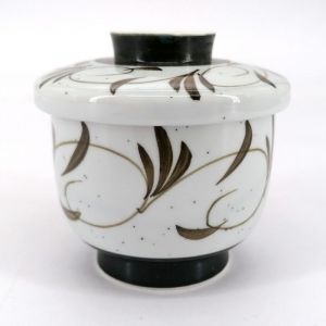 Japanese mug with chawan mushi lid, gray and brown arabesques - ARABESUKU