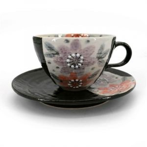 Ceramic tea cup with handle and saucer, black and flowers - HANA