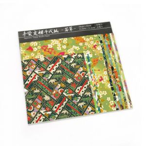 Set of 12 green Japanese square sheets - YUZEN WASHI PAPER