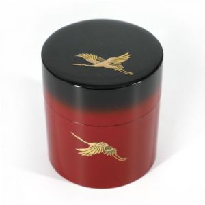 Japanese red and black tea caddy in resin with Japanese cranes pattern - YUBAETSURU - 150g
