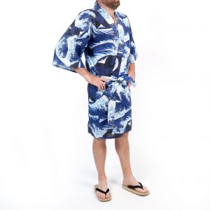 Japanese blue and white cotton Happi kimono with wave patterns for men - NAMIFUJI