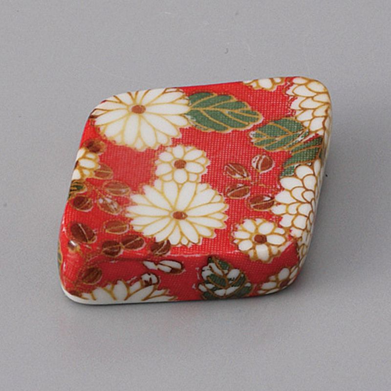 Japanese ceramic chopstick rest in the shape of a chrysanthemum red diamond, KIKU NO AKA