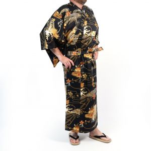 Black Japanese yukata with golden dragon in cotton for men - DORAGON