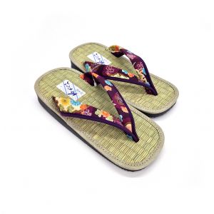 Japanese zori purple flower pattern rice straw sandals Goza for women - GOZA - 24-25cm