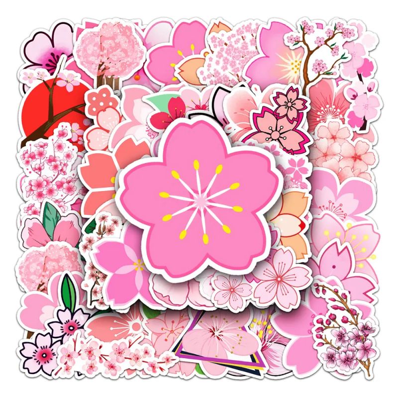 Lot de 50 autocollants japonais,Stickers Kawaii Fleurs de cerisier-SAKURA