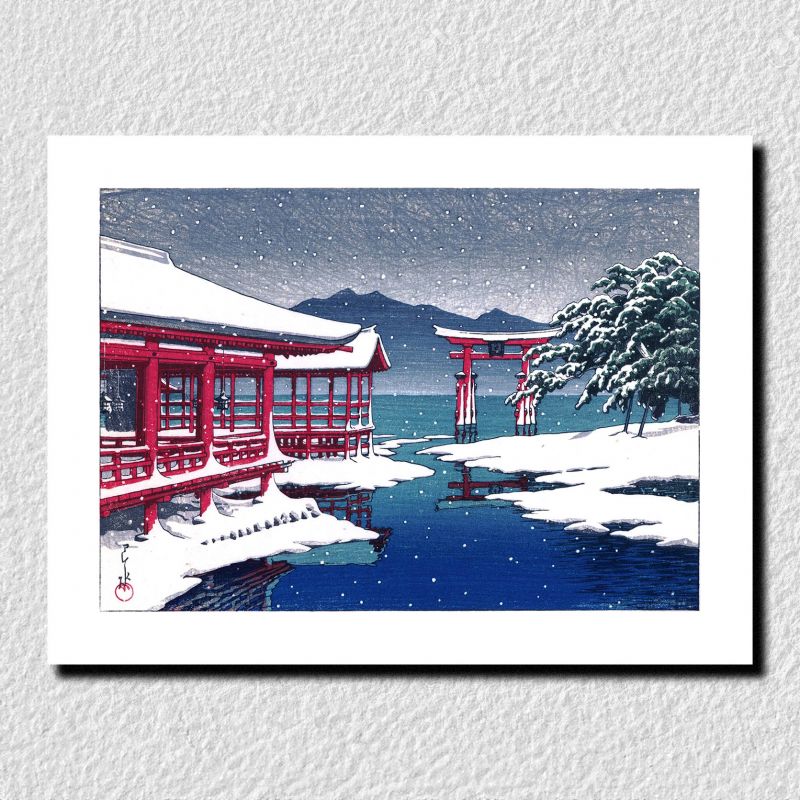print reproduction of Kawase Hasui, Miyajima shrine in the snow, Miyajima no Yukigeshiki