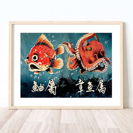 Japanische Illustration „Tako to kasago“, Oktopus und Drachenkopf, von ダヴィッド