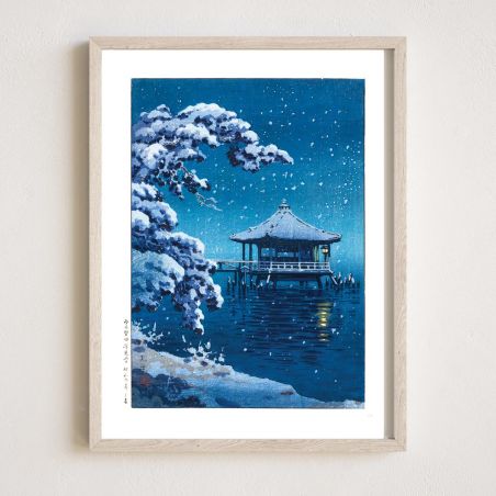 Reproduction of Tsuchiya Koitsu's print, Snow on Mangetsu-ji Ukimidō on Lake Biwa