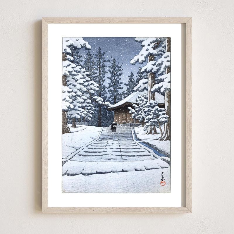 Reproduction d'estampe de Kawase Hasui, Konjikido dans la neige, Hiraizumi, Hiraizumi Konjikido Konjiki