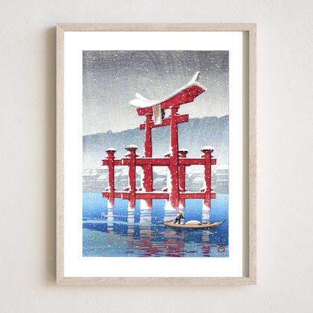 Reproduction d'estampe de Kawase Hasui, La neige à Miyajima, Yuki no Miyajima