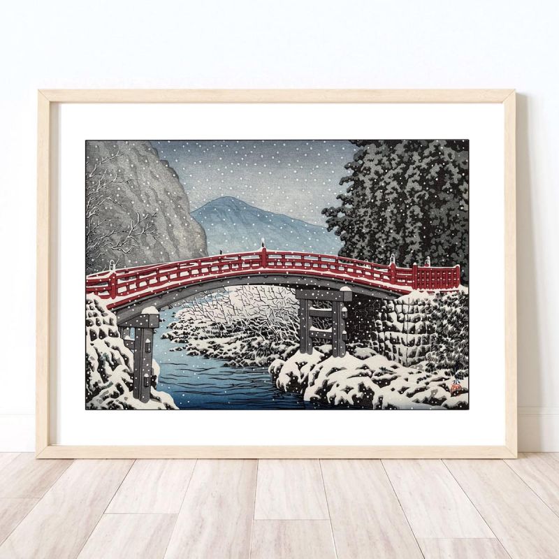 Reproduction d'estampe de Kawase Hasui, Neige au pont Kamibashi à Nikko, Nikko kamibashi no yuki