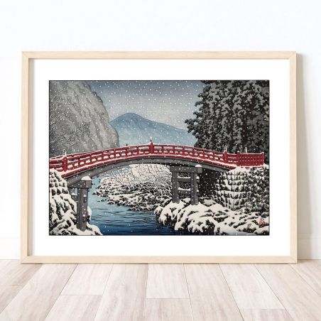 Reproducción impresa de Kawase Hasui, Nieve en el puente Kamibashi en Nikko, Nikko kamibashi no yuki