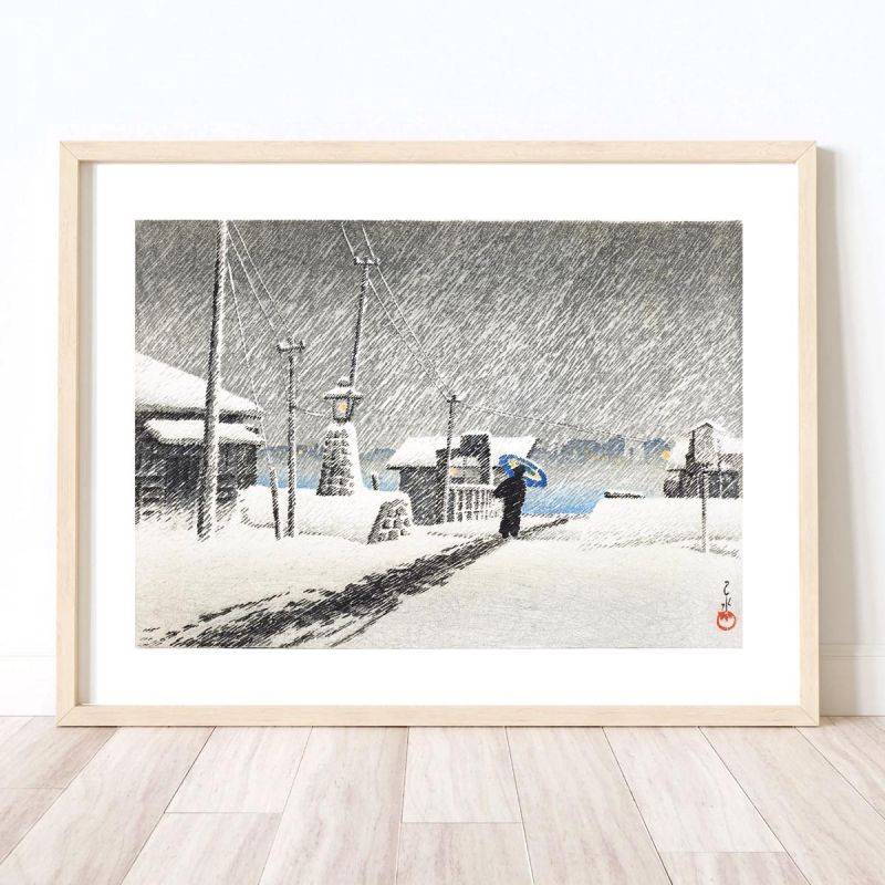 Print reproduction by Kawase Hasui, Snow in Tsukishima, Tsukishima no yuki