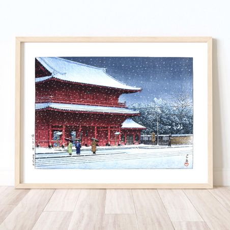 riproduzione a stampa di Kawase Hasui, Neve al Tempio Zojoji, Zojoji no yuki