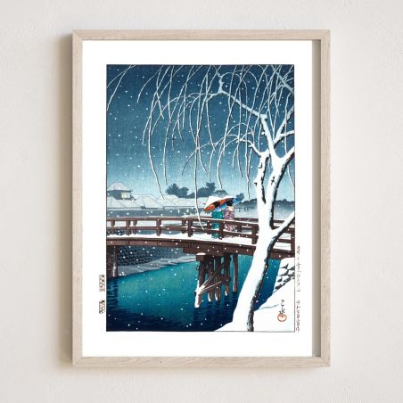 Kawase Hasui print reproduction, Evening Snow at the Edo River, Kure no yuki, Edogawa